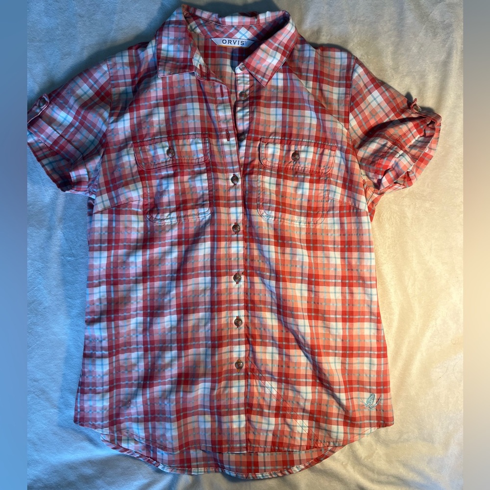 Orvis Womens Performance Red and White Plaid Button Down Shirt SPF